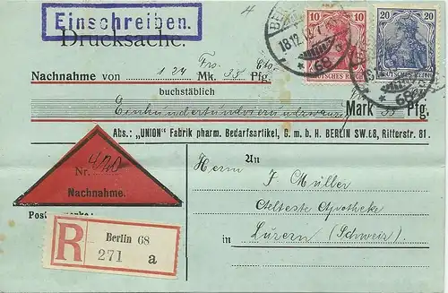 DR 1913, 10+20 Pf. auf Ausl. Nachnahme Einschreiben Karte v. Berlin 68. #2801