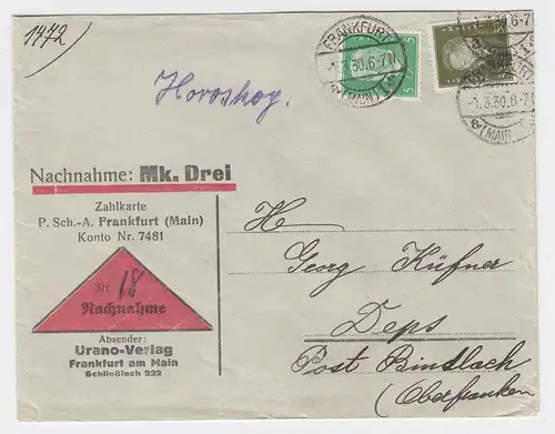 DR 1930, 5+30 Pf. auf Nachnahme Brief v. Frankfurt n. Deps, Post Bindlach. #2378