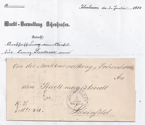 Bayern 1887, Brief m. 3 rücks. Stempeln v. Ichenhausen n. Scheinfeld. #2617