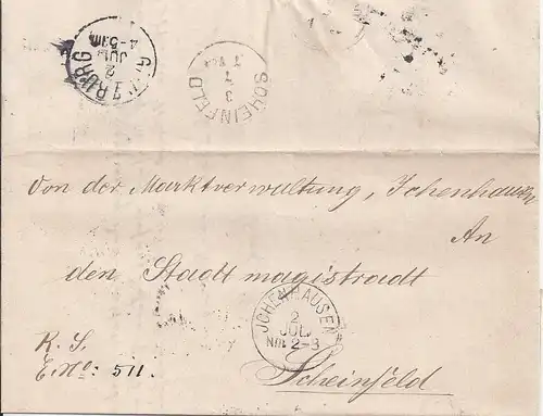 Bayern 1887, Brief m. 3 rücks. Stempeln v. Ichenhausen n. Scheinfeld. #2617