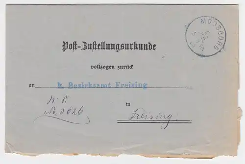 Bayern 1905, K1 MOOSBURG auf Zustellungsurkunde n. Freising. #2060