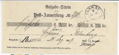 Bayern 1869, L1 u. HKS PASSAU auf Postschein f. Postanweisung. #1564