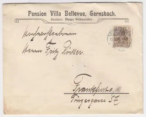 DR 1909, Reklame Werbung Brief Gernsbach Pension Bellevue m 3 Pf Germania. #1700