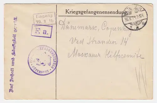 DR 1916, GÜTERSLOH, Offiziers KGF POW Zensur Brief n. Dänemark. #1986