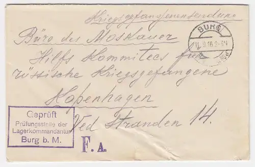 DR 1916, Burg b. Magdeburg, Offiziers KGF POW Zensur Brief n. Dänemark. #751