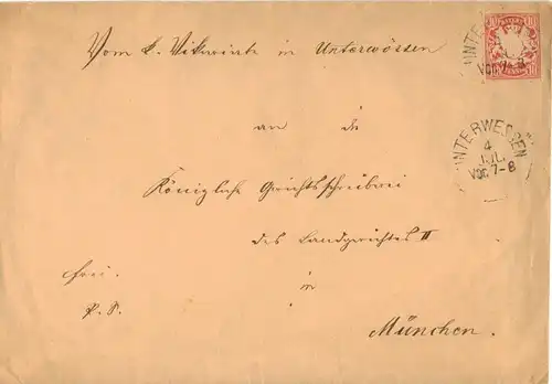 Bayern 1882, Unterwessen ( Unterwössen ), K1 klar auf Brief m. 10 Pf. #886