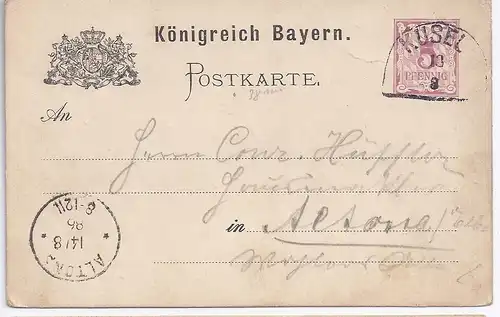 Bayern 1886, Brief Stpl. HKS Kusel, 5 Pfg. Ganzsache. #231