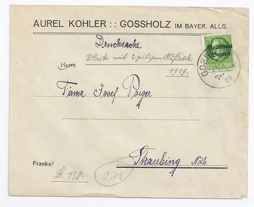 Bayern 1920, Grossholz Allgäu,EF 5 Pfg. Volksstaat, Firmen Brief Drucksache.#347
