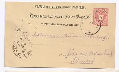 Östereich Schweden 1885, Brief Stpl. Marienbad auf  5 Kr. Ganzsache. #623