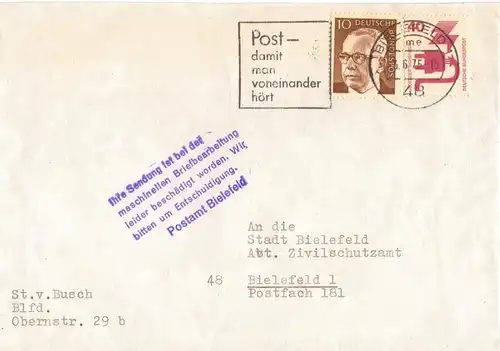BRD 1975, Briefautomation, beschädigter Brief Bielefeld m. Hinweis Stempel. #881
