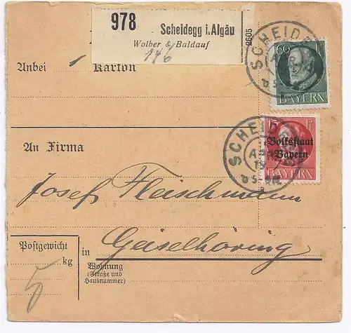 Bayern 1915, Scheidegg, 15+60 Pf. auf Paketkarte m. Selbstbucher-Zettel. #1089