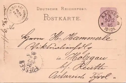 Österreich 1885, Holzgau im Lechthale, Tirol K1, Ank.Stpl. auf DR Ga Aachen.#913