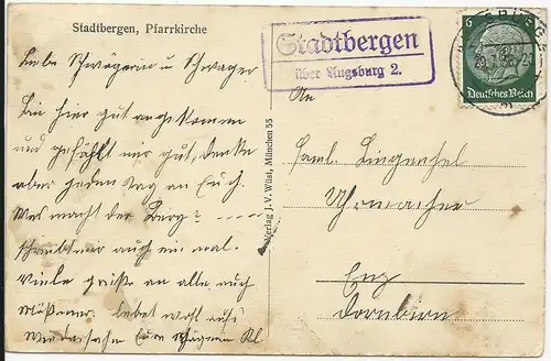 DR 1936, Landpost Stpl. Stadtbergen über Augsburg 2 auf AK m. Kirche