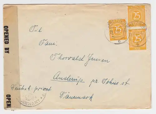 Bizone 1947, MeF 3x25 Pf. auf Zensur Brief v. Schwetzingen n. Dänemark. #1599