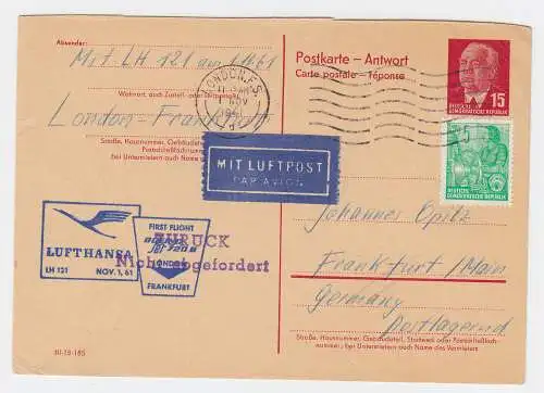 DDR P 65A, 15 Pf. Antwortteil m. 5 Pf. Zusatz, Luftpost -gebr. v. London . #2485
