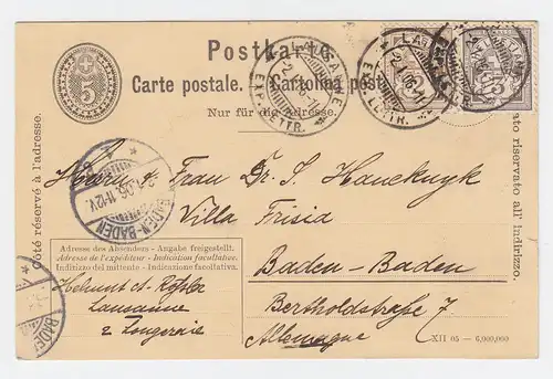 Schweiz 1906, Lausanne, Ganzsache mit Zusatz nach Baden-Baden. #2390