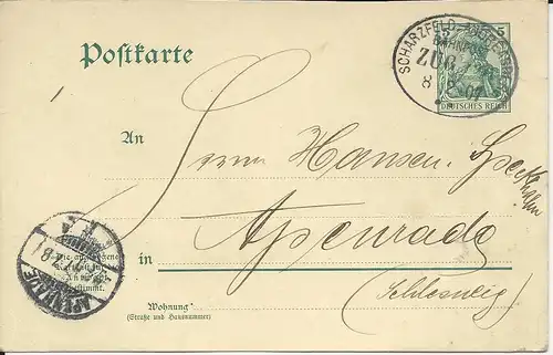 DR 1907, Bahnpost Scharzfeld Andreasberg auf Ganzsache v. Lauterberg. #3056