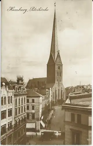 Hamburg Petrikirche, gebr. sw-Foto-AK v. 1928 m. Tram Bahn. #3081