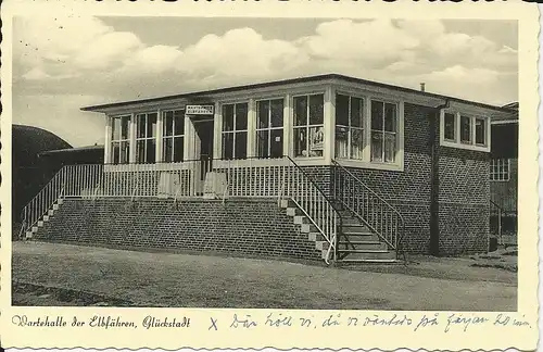 Glückstadt, gebr. sw-Foto-AK Wartehalle d. Elbfähre. #3079