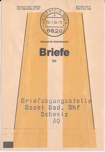Lichtenfels, Brief Bund Fahne f. BA Basel Bad. Bahnhof #3115