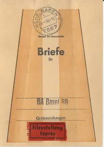 Wehr Baden, Brief Bund Fahne f. Express Sendungen f. BA Basel Bad. Bahnhof #3109