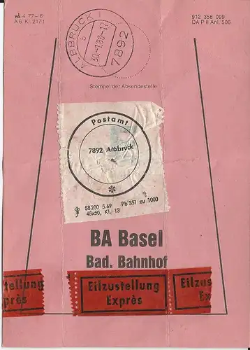Albbruck, Brief Bund Fahne f. Express Sendungen f. BA Basel Bad. Bahnhof. #3103