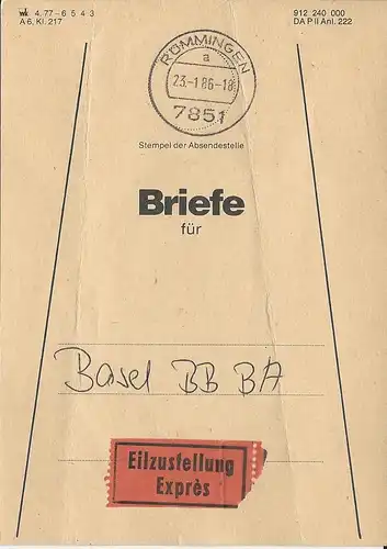 Rümmingen, Brief Bund Fahne f. Express Sendungen f. BA Basel Bad. Bahnhof #3110