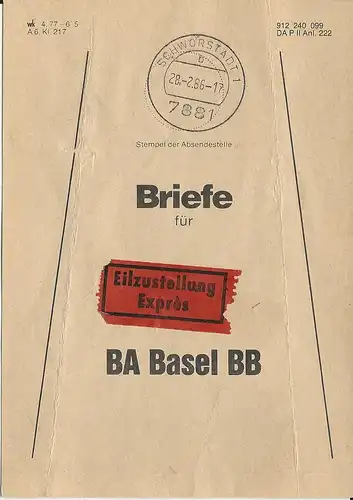 Schwörstadt, Brief Bund Fahne f. Express Sendungen f BA Basel Bad. Bahnhof #3106