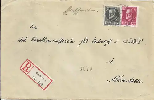 Bayern 1916, Reko-Zettel Bamberg 1 auf Einschreiben Brief m. 10+25 Pf. #1249