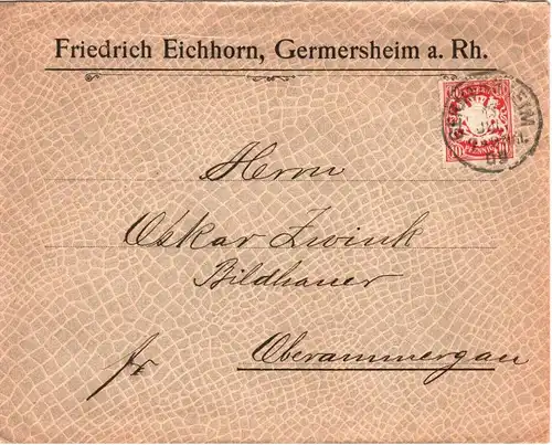 Bayern 1909, K1 Germersheim auf Firmen Brief m. 10 Pf. n. Oberammergau. #2648