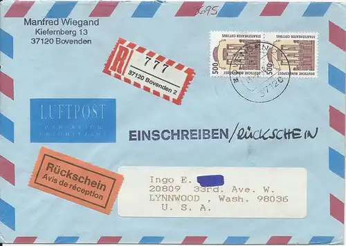 BRD 1996, Luftpost Einschreiben Rückschein Brief n. USA. Portostufe, MeF! #1664