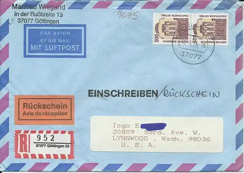 BRD 1996, Luftpost Einschreiben Rückschein Brief n. USA. Portostufe, MeF! #2602