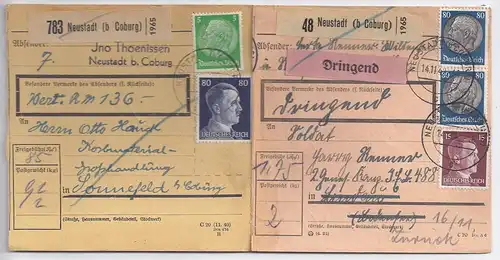 DR 1942, Neustadt b. Coburg, 2 Paketkarten, dabei "Dringend". #1334