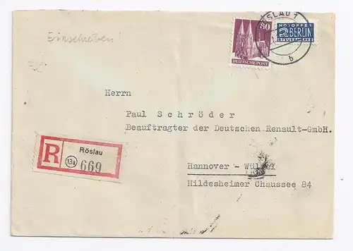 13a Röslau, 1949, Einschreiben Brief m. EF 60 Pf. u. Berlin Notopfer. #1407