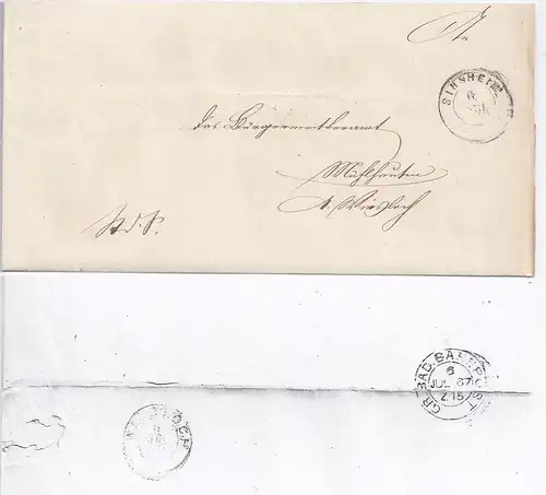 Baden 1867, K2 Sinsheim auf Dienst Brief m. rückseitigem Bahnpost Stempel. #1511