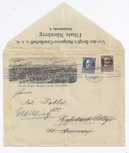 Bayern 1919, 2+3 Pf. auf Reklame Brief Cleve. Maschinenstpl. Nürnberg. #1384