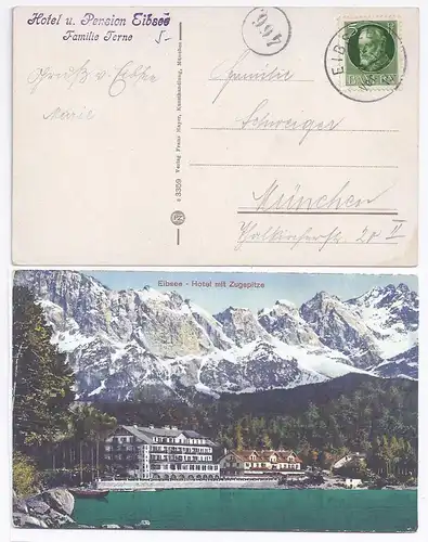 Bayern 1915, K1 Eibsee auf attraktiver Farb AK Eibsee Hotel m. 5 Pf. #1510