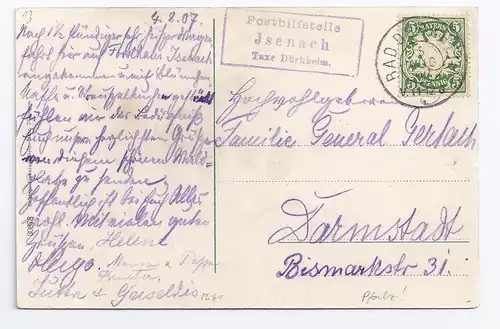 Bayern 1907, Posthilfstelle Jsenach Taxe Dürkheim auf AK m. 5 Pf. #1373