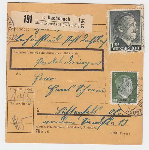 DR 1943, Dachsbach über Neustadt, Paketkarte m. Vermerk "DRINGEND"Frankat. #1808