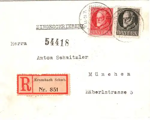 Bayern 1919, 25+10 Pf. auf Einschreiben Brief v. Krumbach. #2669