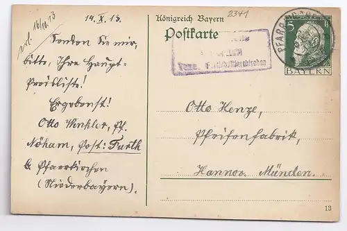 Bayern 1913, Posthilfstelle Nöham Taxe Furth b. Pfarrkirchen auf Ganzsache #1375