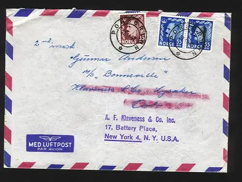 Norwegen 1952, Seemanns Nachsende Luftpost Brief v. Porsgrund n. USA. #1239