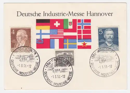 BRD 1953, Industrie Messe Hannover, Karte m. Sond.Stpl. u. Berlin Marken. #1445