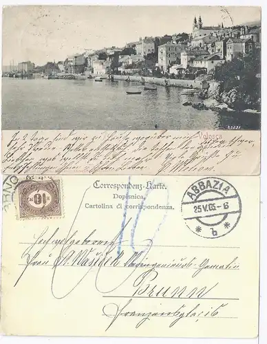 Kroatien 1905, sw AK Volosca, gebr.  v. Abbazia m. Österreich Porto Marke. #1926
