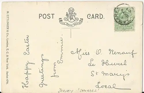 GB 1907, 1/2 d auf Karte m. Jersey K1 SAMARES. #1647