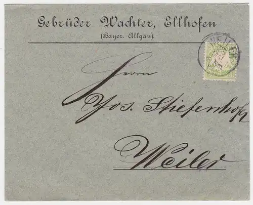 Bayern 1887, EF 3 Pf. auf Firmen Brief v. Ellhofen m. K1 Weiler.  #2111