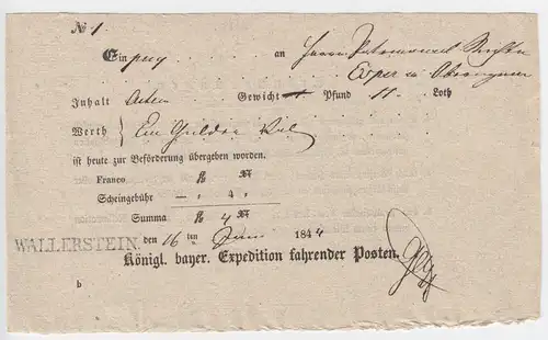 Bayern 1844, L1 WALLERSTEIN klar auf Postschein.  #2109