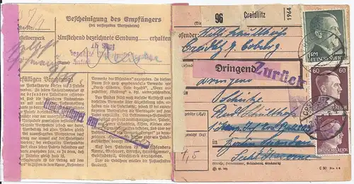 DR 1942, Creidlitz, Paketkarte m. DRINGEND Frankatur u. "Zurück" Stempel. #2582
