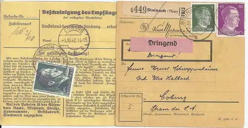 DR 1942, Steinach (Thür), Paketkarte m. DRINGEND Frankatur. #2577