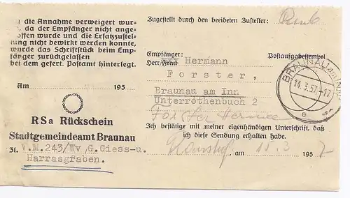 Österreich 1957, Braunau am Inn, interessantes Rückschein Formular. #1414